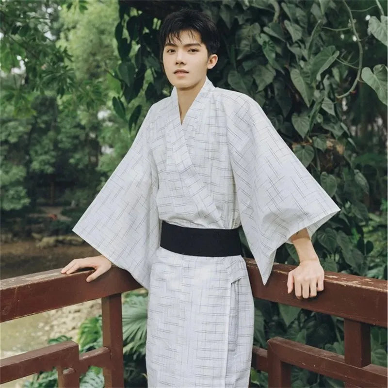 Men Grey Striped Kimono Robe