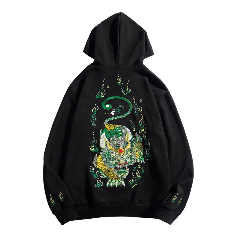 Japanese Aesthetic Lion Embroidery Hoodie