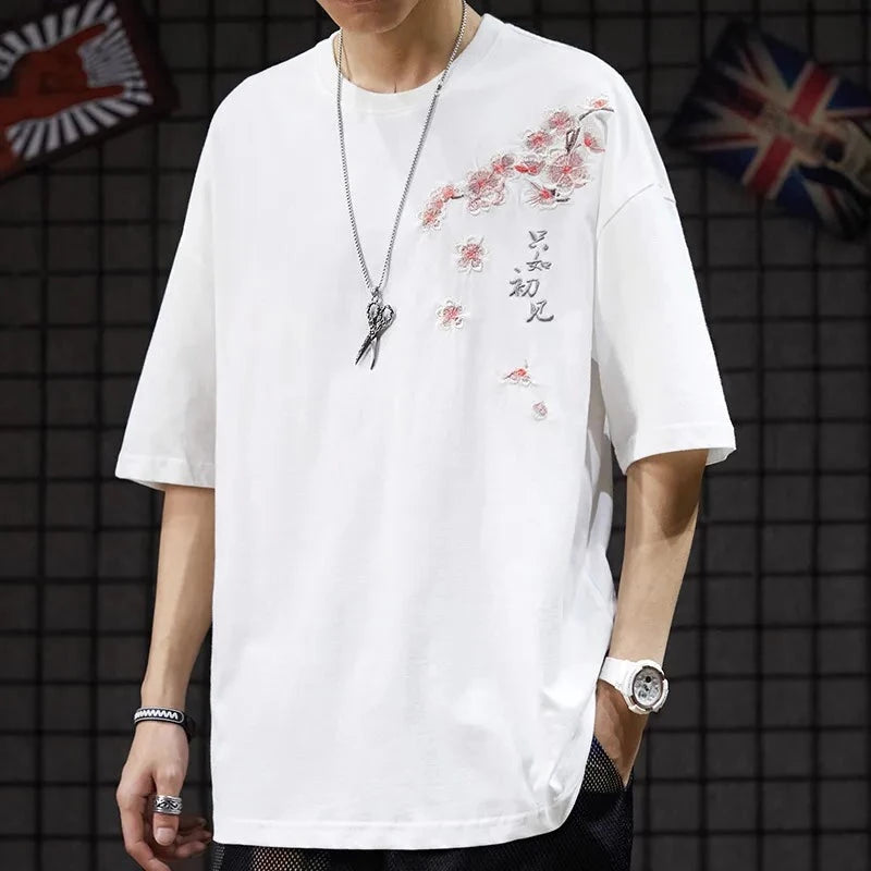 Japanese Sakura Petals Embroidered T-Shirt