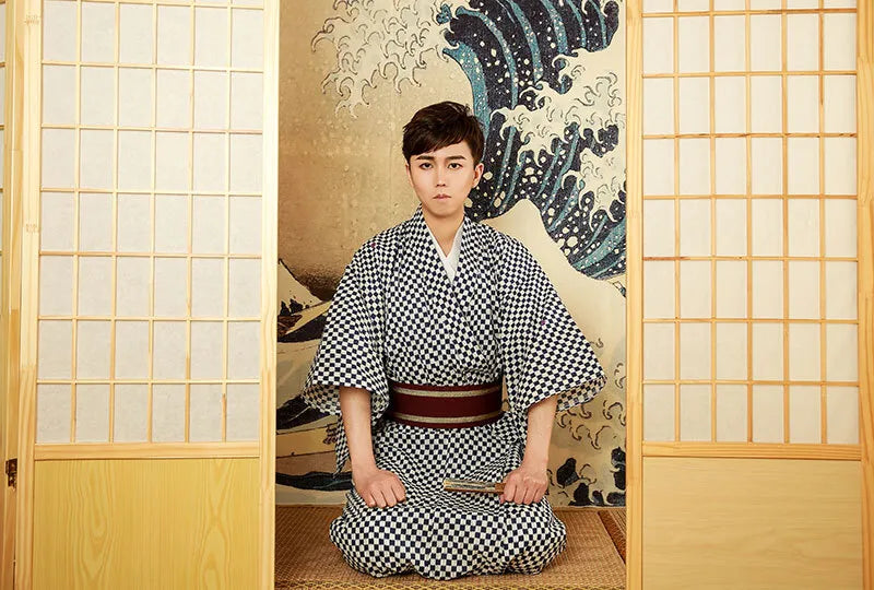 Japanese Traditional Checkboard Mens Kimono With Belt