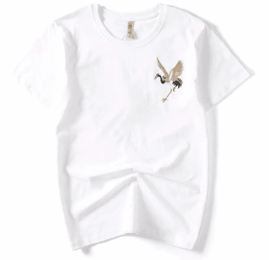 | Print Embroidered Crane Outfits Traditional T-Shirt Japanese Japan