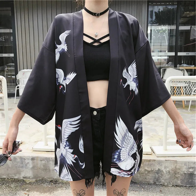 Monochrome Crane Print Pattern Loose Kimono