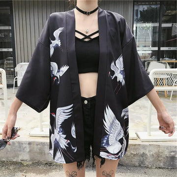 Monochrome Crane Pattern Kimono