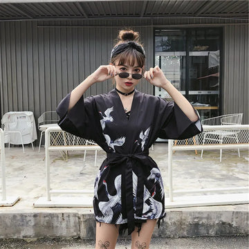 Monochrome Crane Pattern Kimono