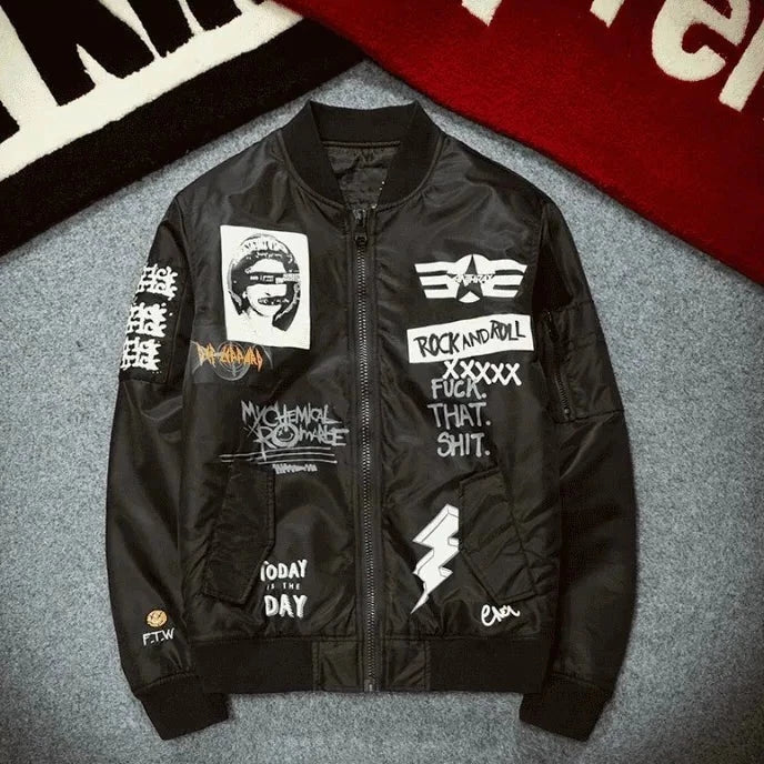 Punk Aesthetic Printed Bomber Jacket