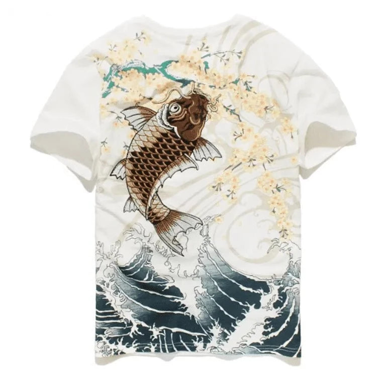Traditional Japanese Carp Art Embroidery T-Shirt