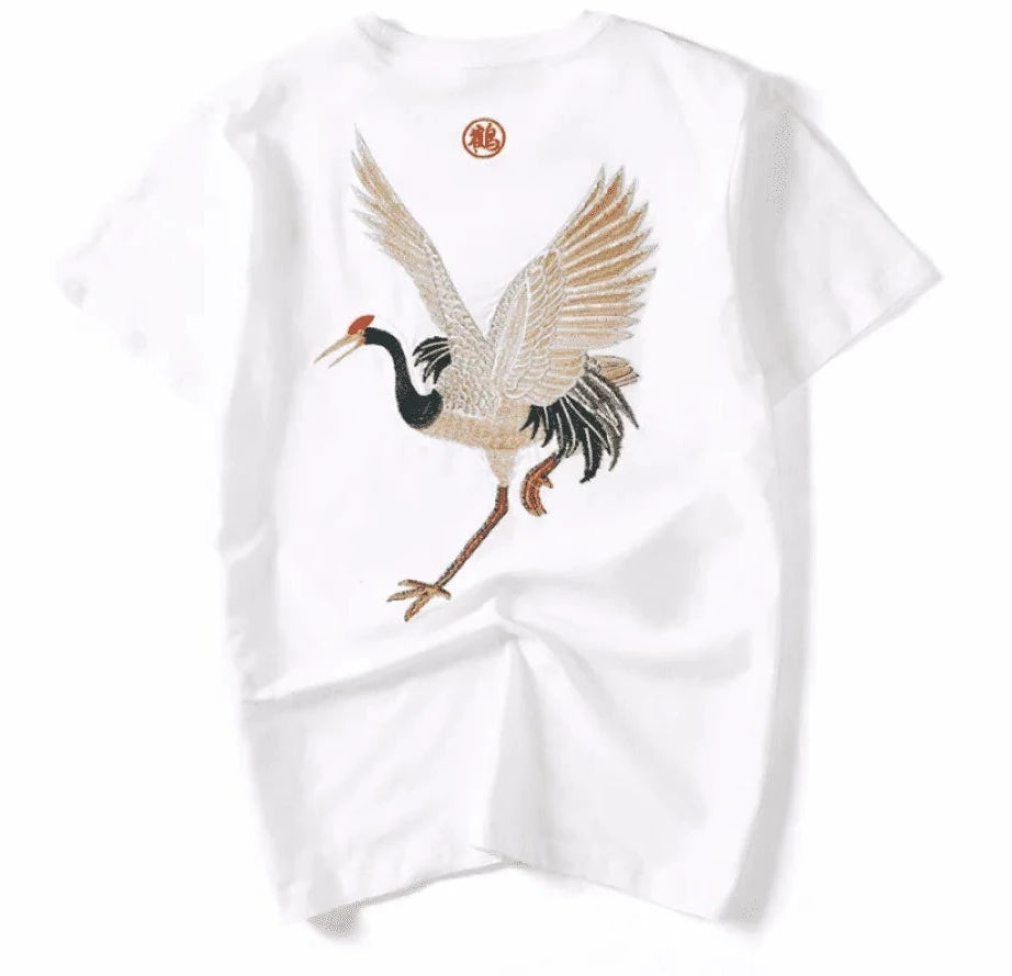Traditional Japanese Crane Embroidered Print T-Shirt | Japan Outfits