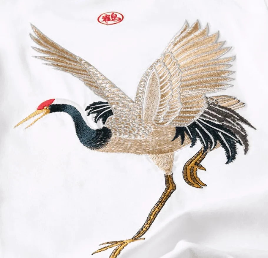 Japanese Traditional Outfits Japan Print Embroidered Crane | T-Shirt